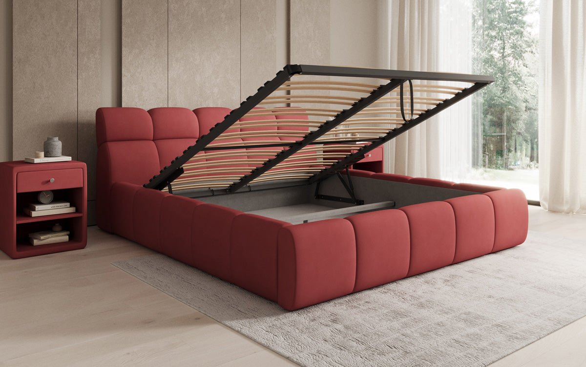 Lit rembourré design Dallas en tissu avec rangement