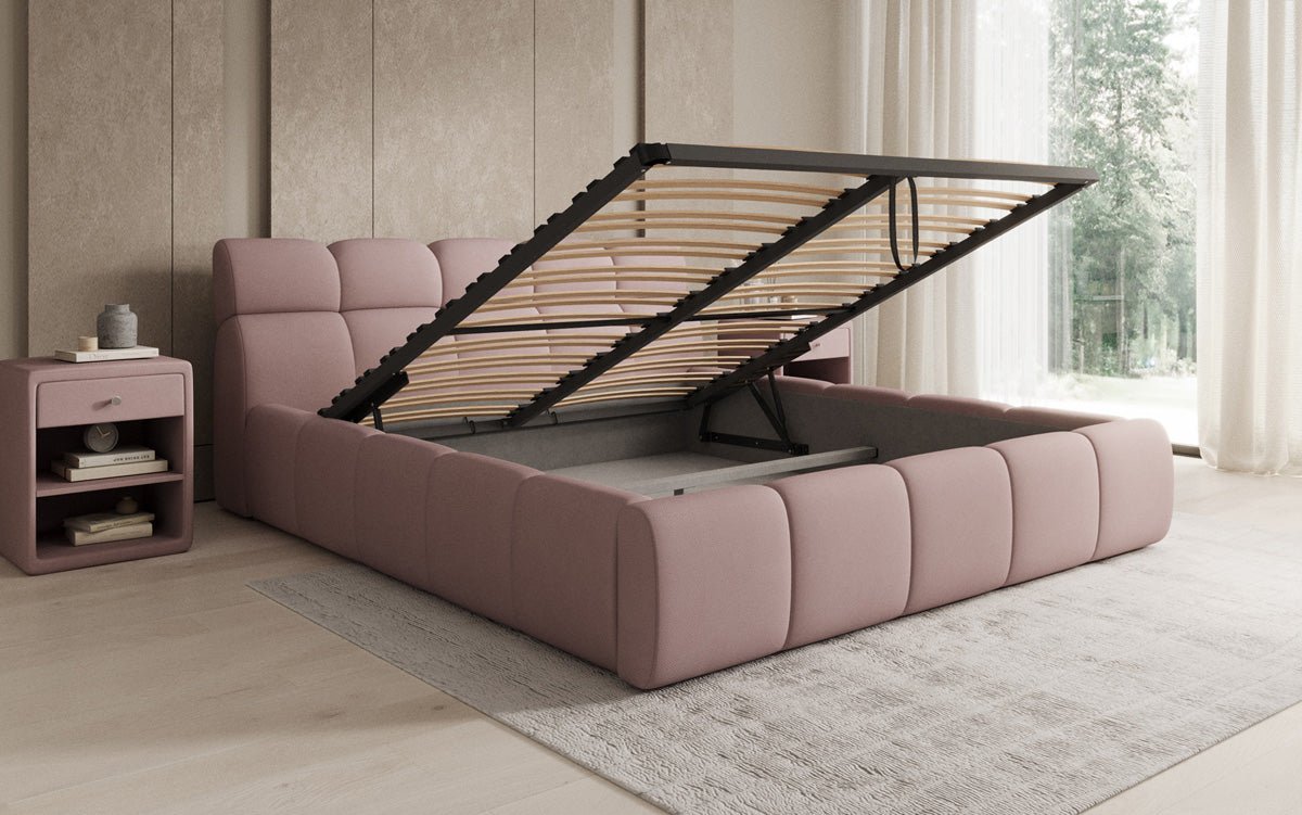 Lit rembourré design Dallas en tissu avec rangement