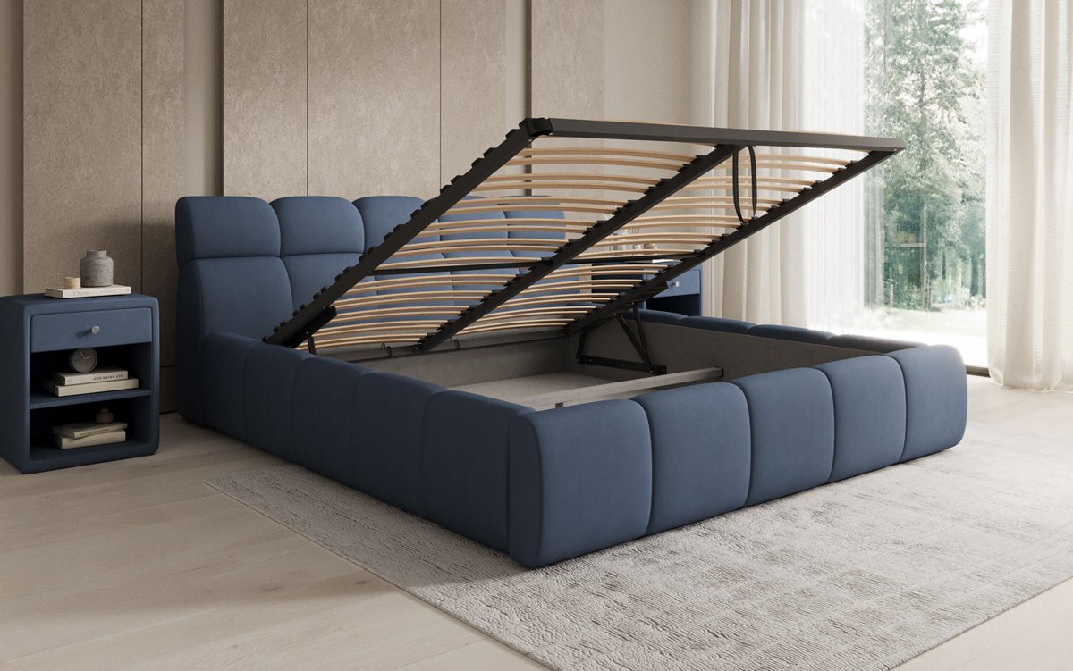 Lit rembourré design Dallas en tissu avec rangement