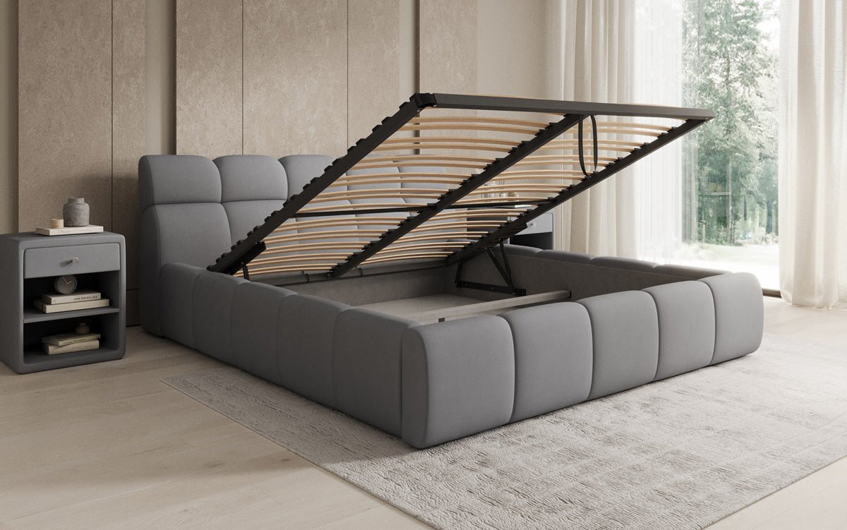 Lit rembourré design Dallas en tissu avec rangement