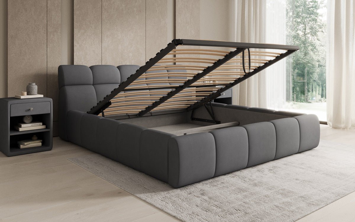 Lit rembourré design Dallas en tissu avec rangement