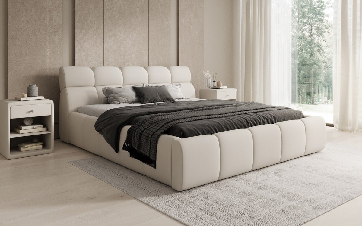 Lit rembourré design Dallas en tissu avec rangement