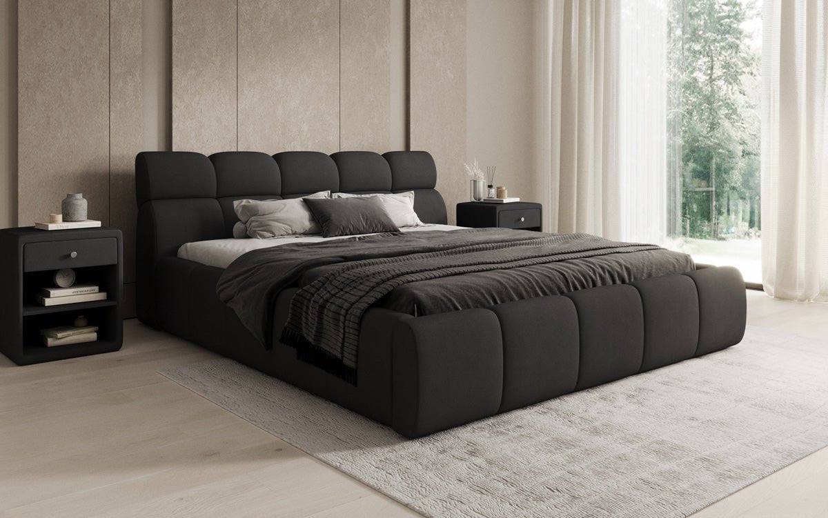 Lit rembourré design Dallas en tissu avec rangement