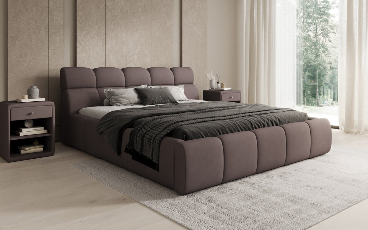Lit rembourré design Dallas en tissu avec rangement