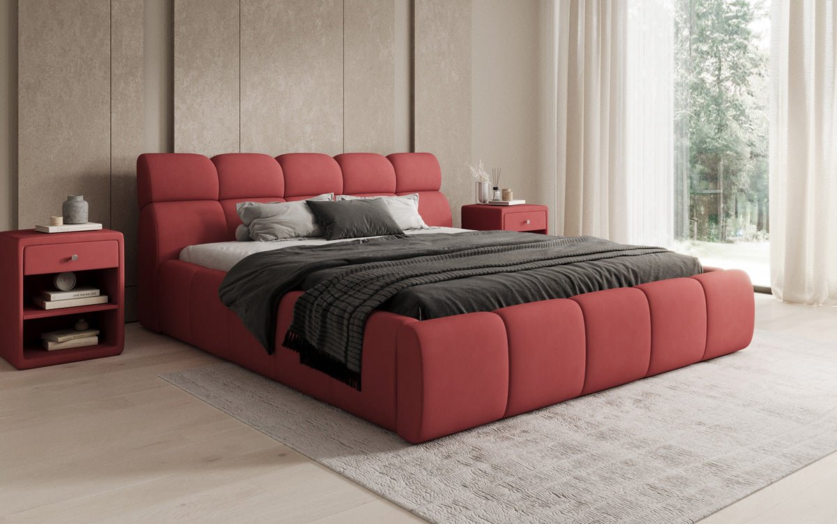 Lit rembourré design Dallas en tissu avec rangement