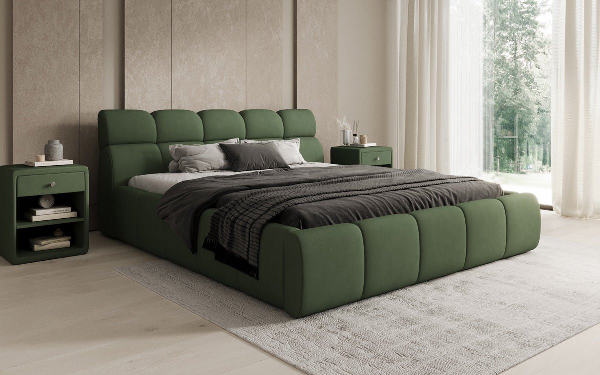 Lit rembourré design Dallas en tissu avec rangement