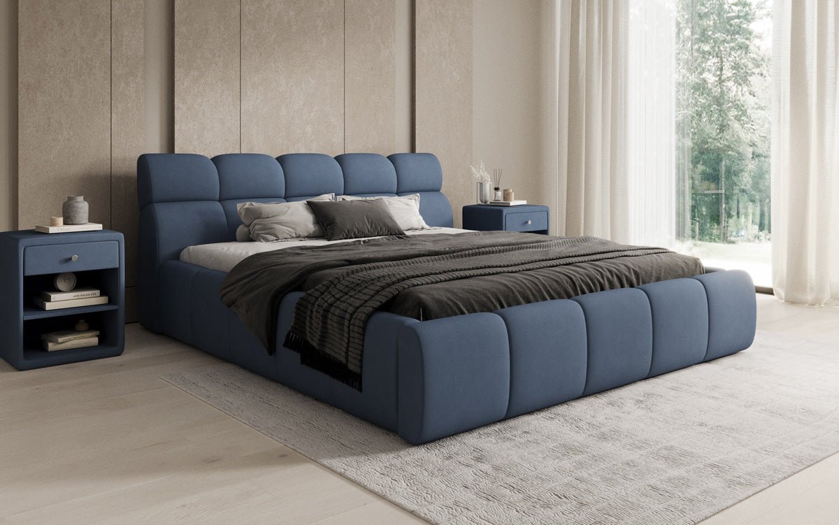 Lit rembourré design Dallas en tissu avec rangement