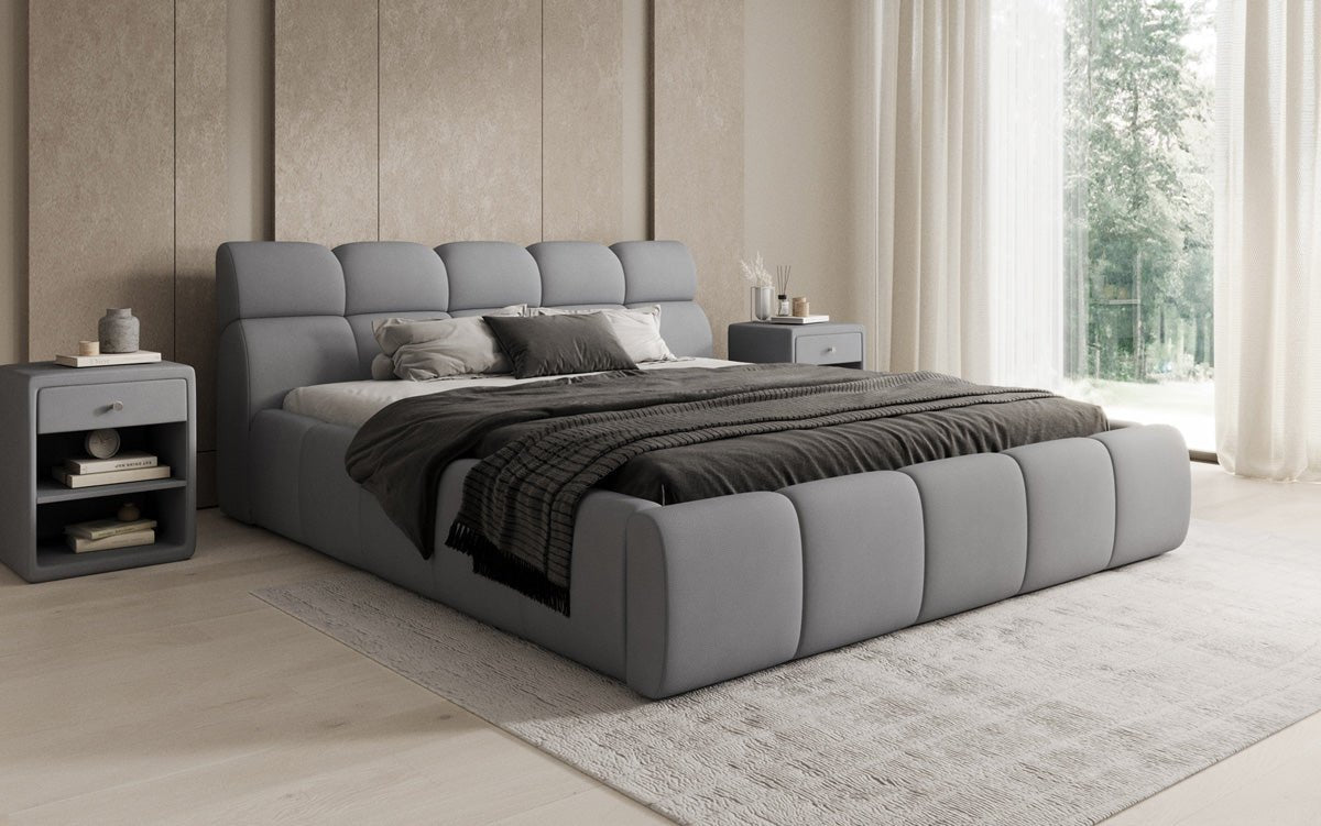 Lit rembourré design Dallas en tissu avec rangement