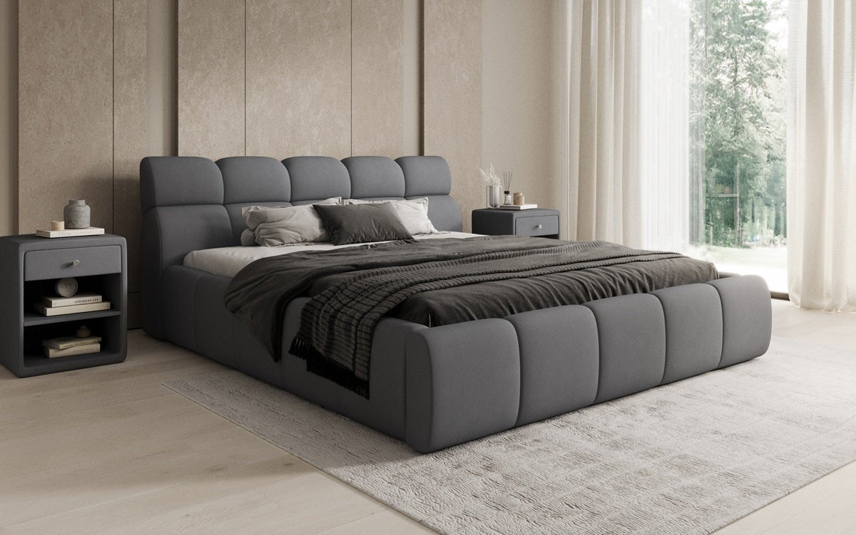 Lit rembourré design Dallas en tissu avec rangement