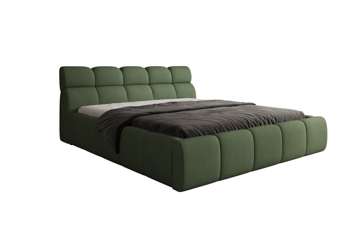 Lit rembourré design Dallas en tissu avec rangement