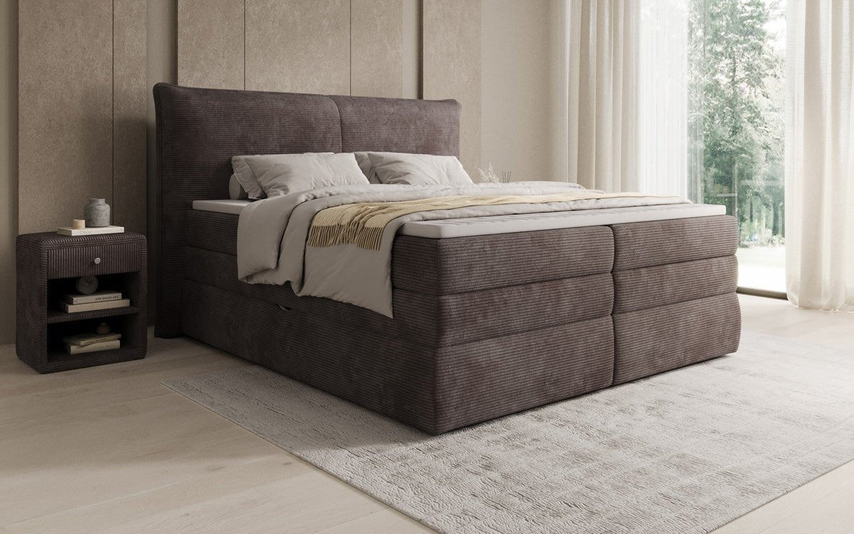 Lit boxspring Avelora avec rangement en côtelé