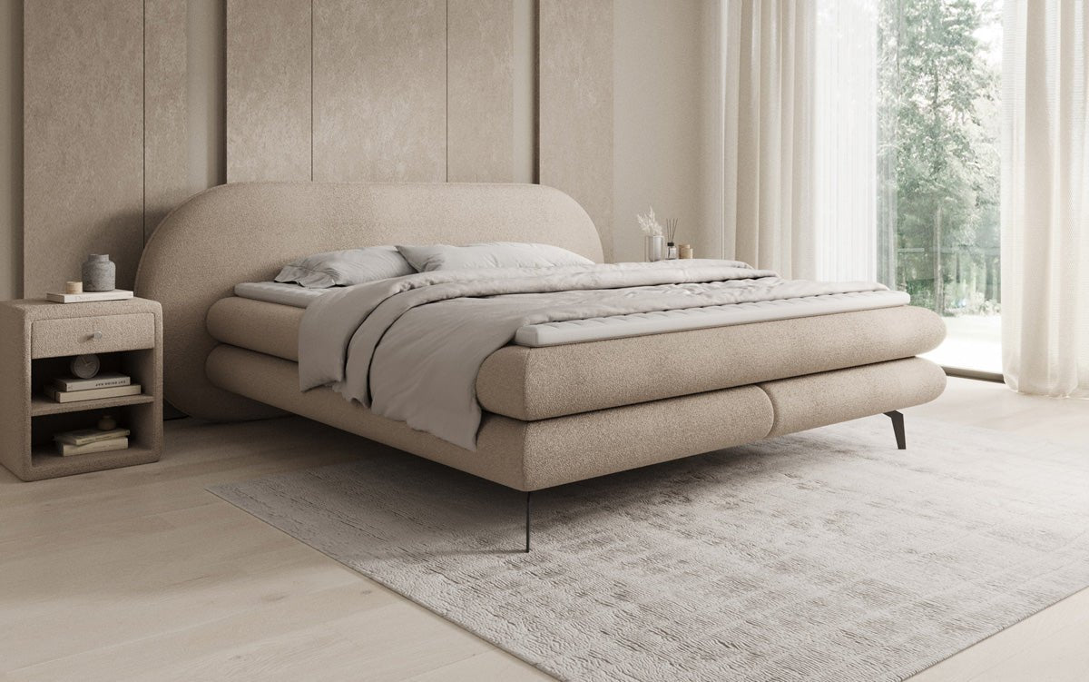 Lit boxspring Marisol avec tête de lit ovale en Bouclé