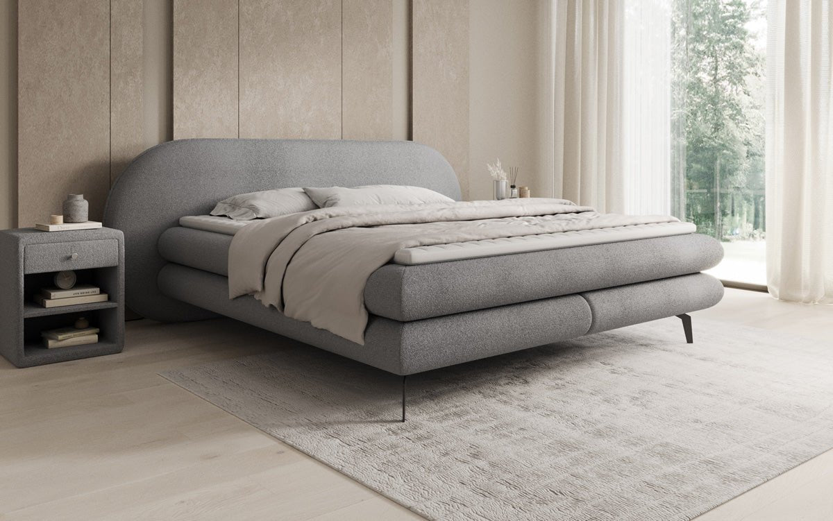 Lit boxspring Marisol avec tête de lit ovale en Bouclé