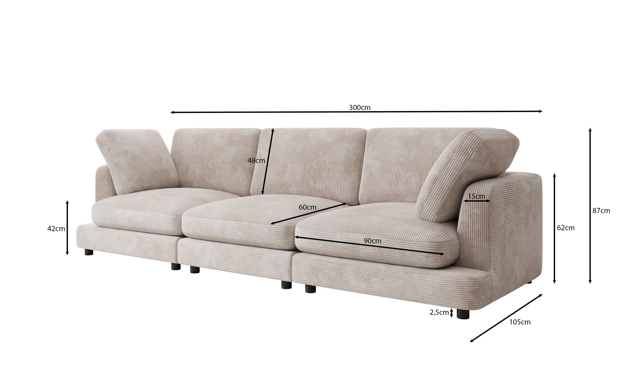 Designer 3 Seater Sofa Thalessa in Corduroy