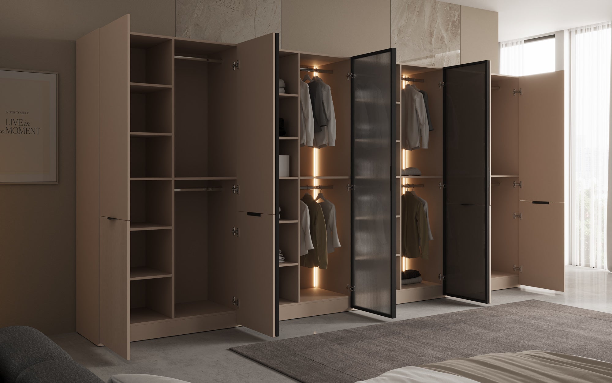 Modulo Rivon – Armoire modulaire au design modulaire avec façade en verre cannelé et panneaux structurés