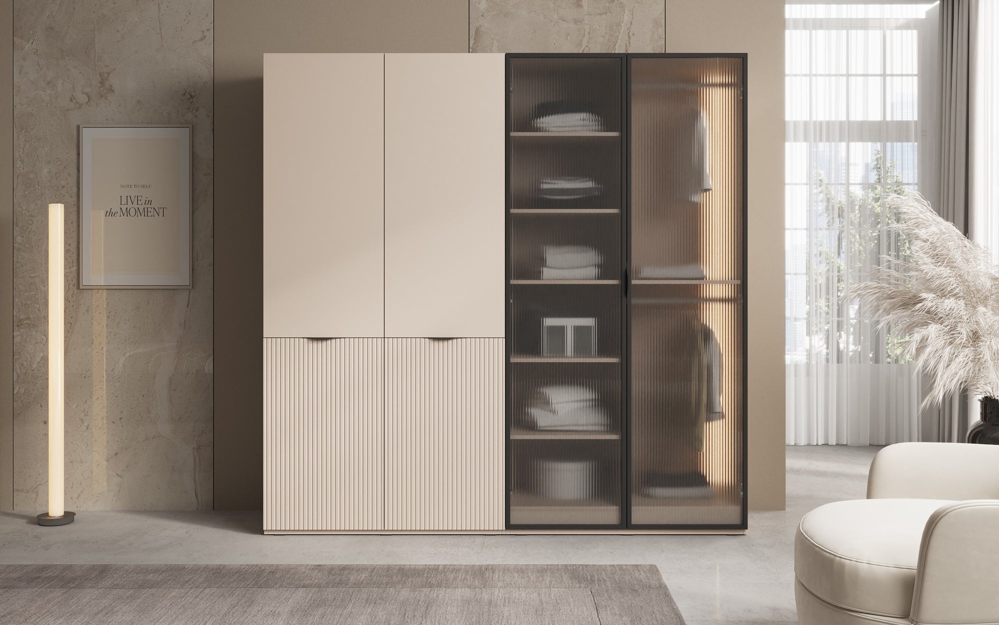 Modulo Ravo – Armoire modulaire avec façade en verre cannelé et panneau structuré
