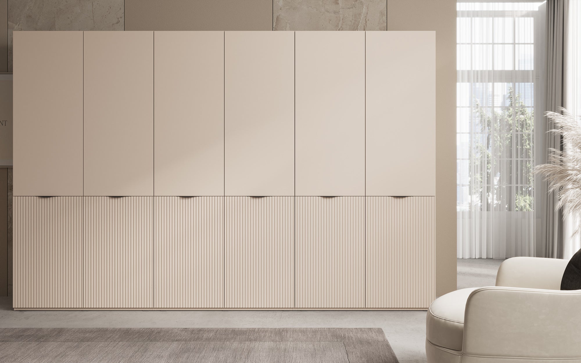 Modulo Faro – Armoire à vêtements design à trois modules avec façade MDF structurée