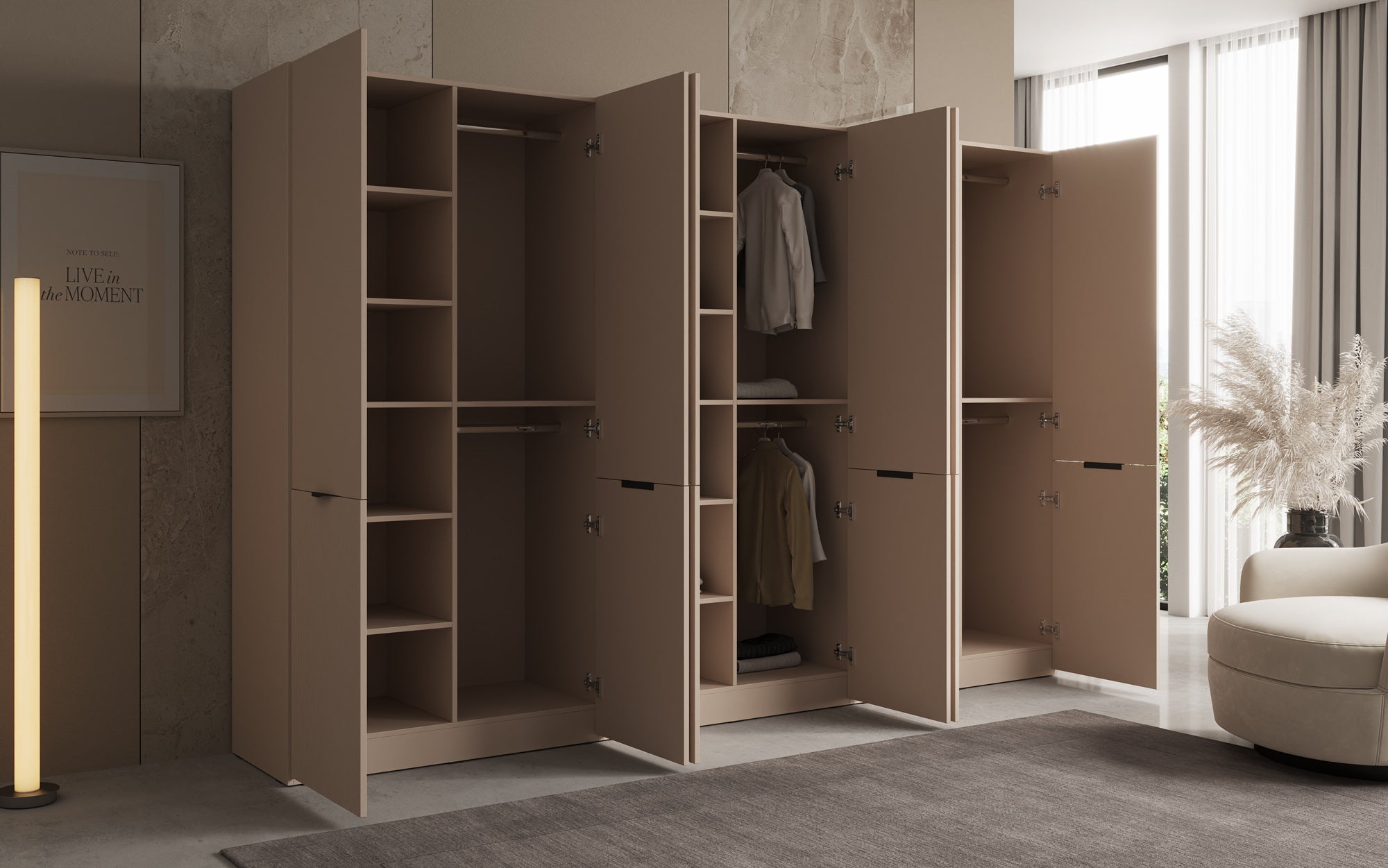 Modulo Faro – Armoire à vêtements design à trois modules avec façade MDF structurée