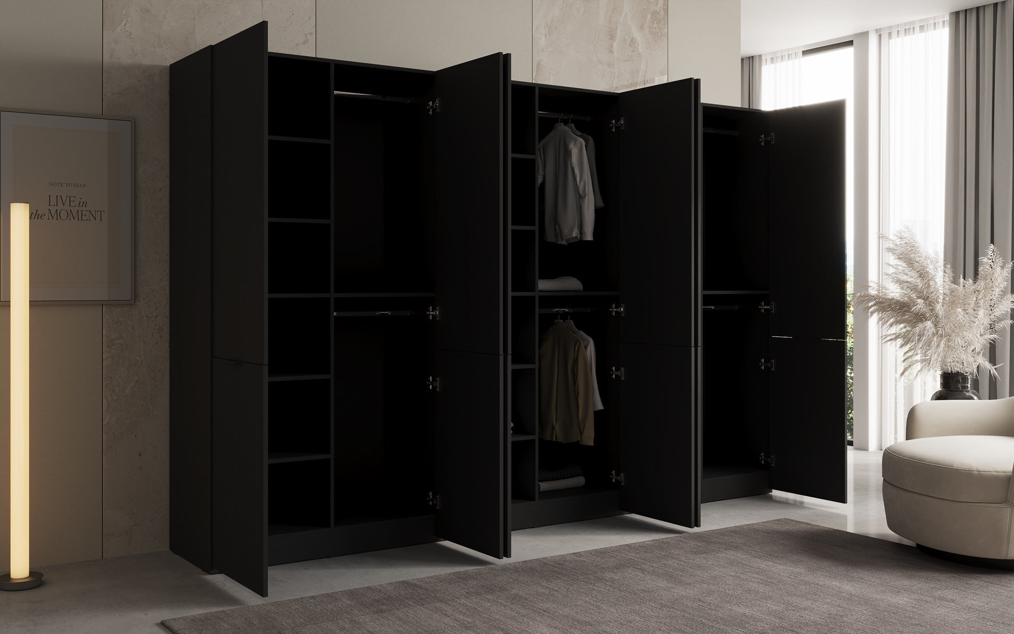 Modulo Faro – Armoire à vêtements design à trois modules avec façade MDF structurée
