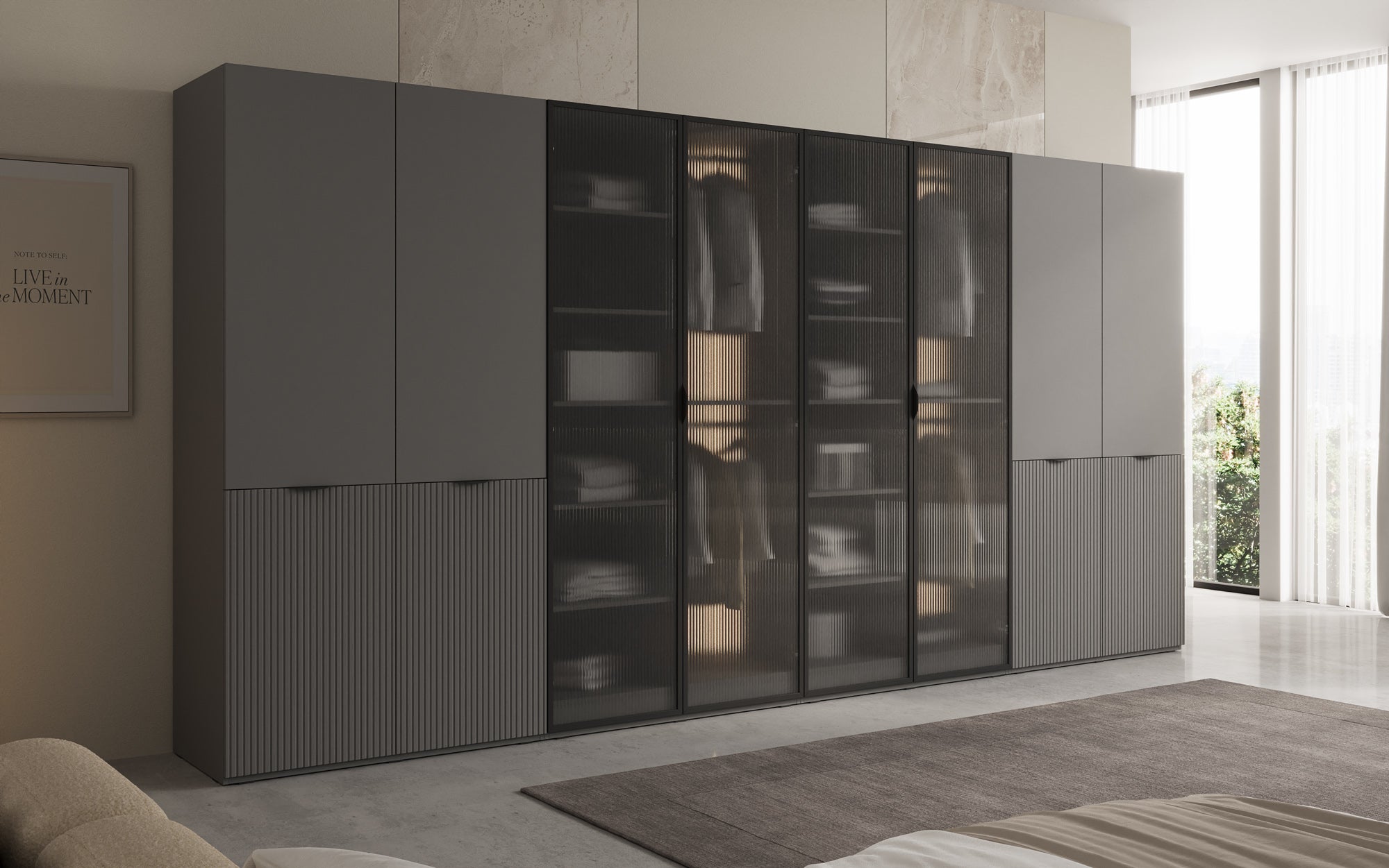 Modulo Rivon – Armoire modulaire au design modulaire avec façade en verre cannelé et panneaux structurés