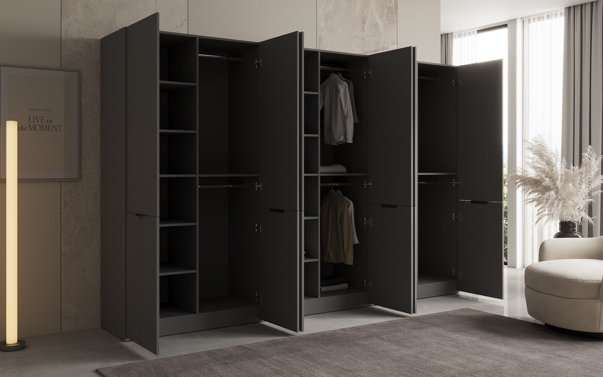 Modulo Faro – Armoire à vêtements design à trois modules avec façade MDF structurée