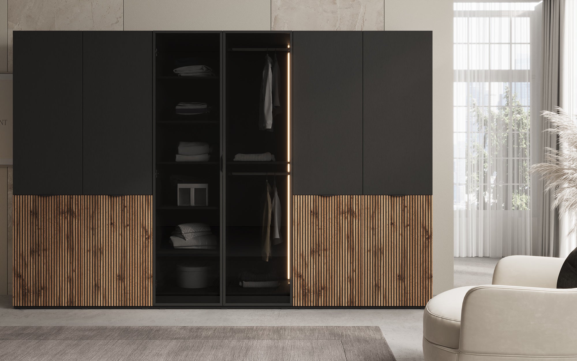 Modulo Arven – Armoire design à trois modules avec façade en bois et verre