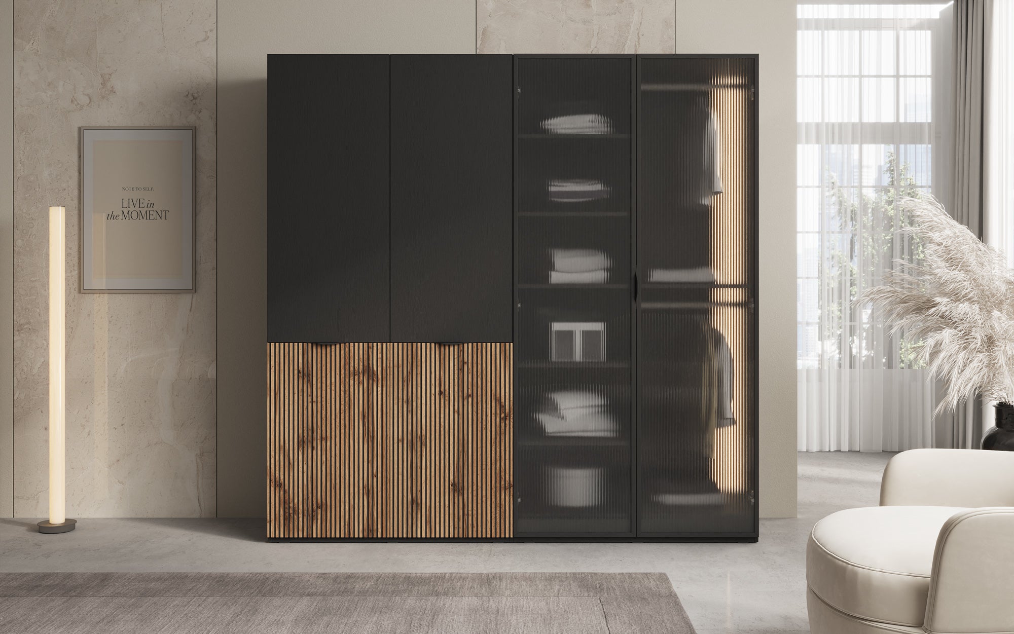 Modulo Ravel – Armoire design à deux modules avec façade en bois et verre structuré