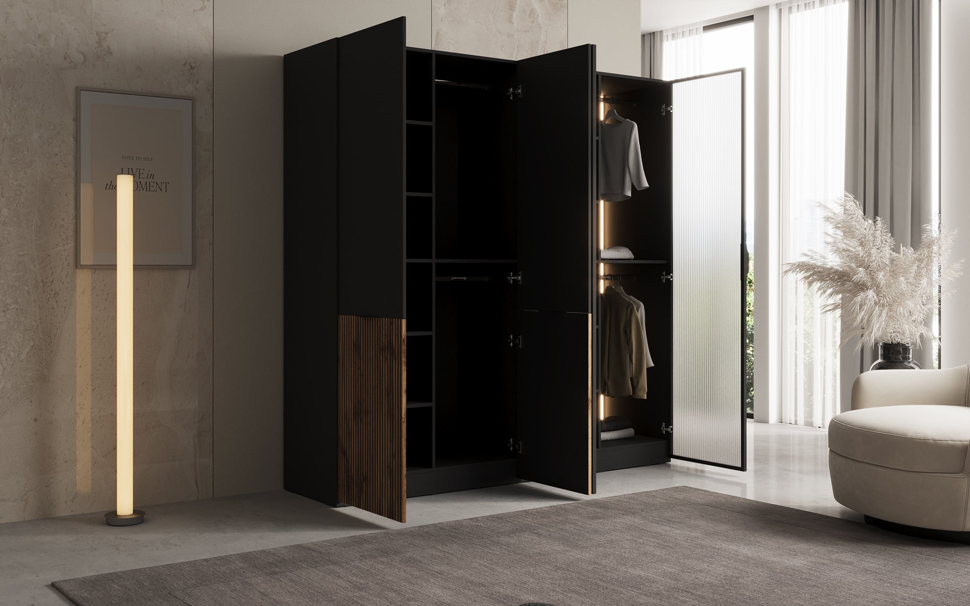 Modulo Ravel – Armoire design à deux modules avec façade en bois et verre structuré