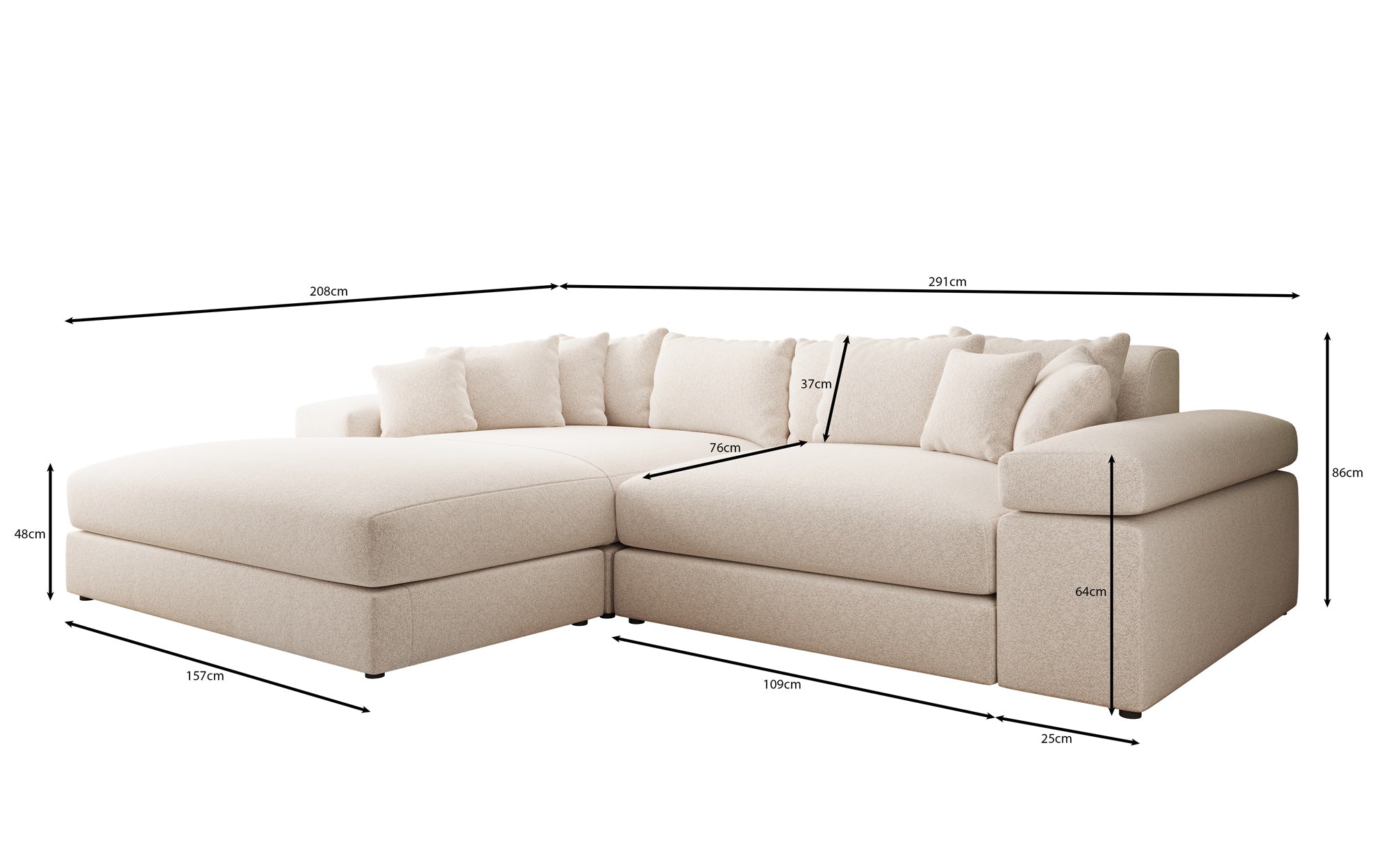 Designer Sofa Bernardo mit breiter Ottomane in Strukturstoff