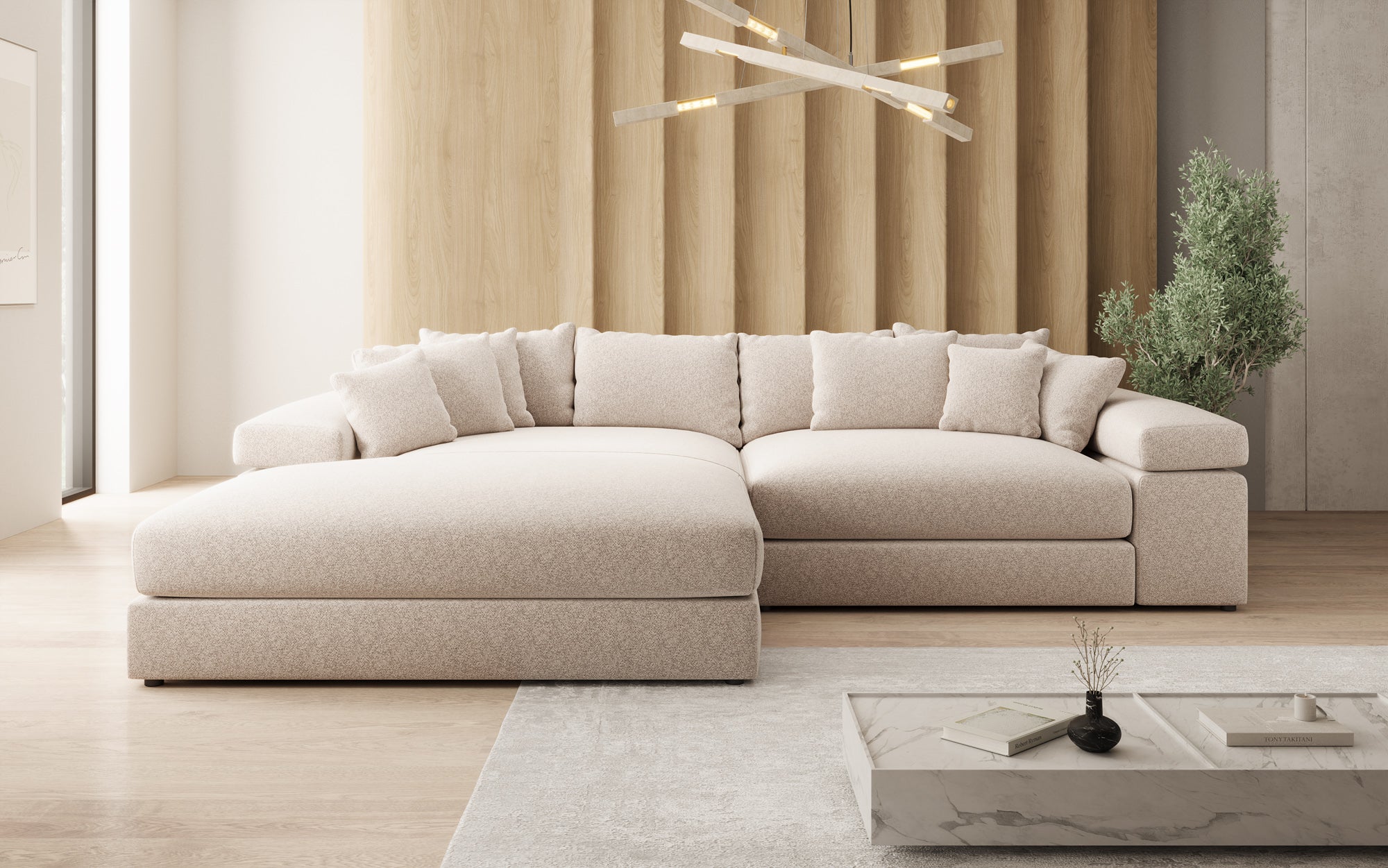 Designer Sofa Bernardo mit breiter Ottomane in Strukturstoff