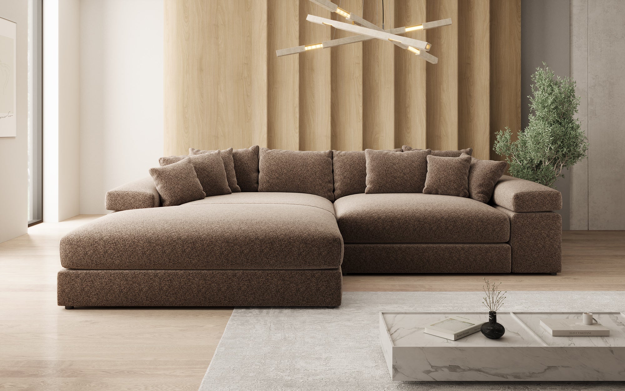 Designer Sofa Bernardo mit breiter Ottomane in Strukturstoff