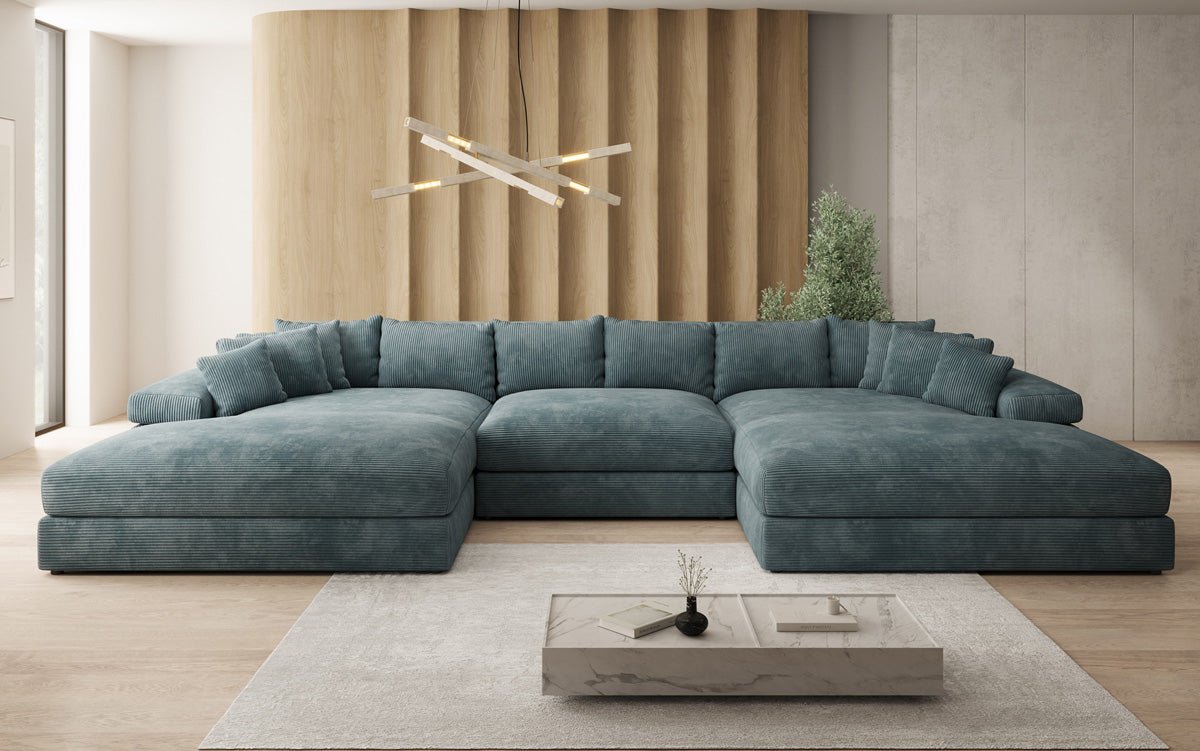 Designer Sofa Bernardo U with wide ottoman in Corduroy