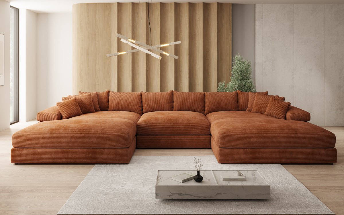 Designer Sofa Bernardo U with wide ottoman in Corduroy
