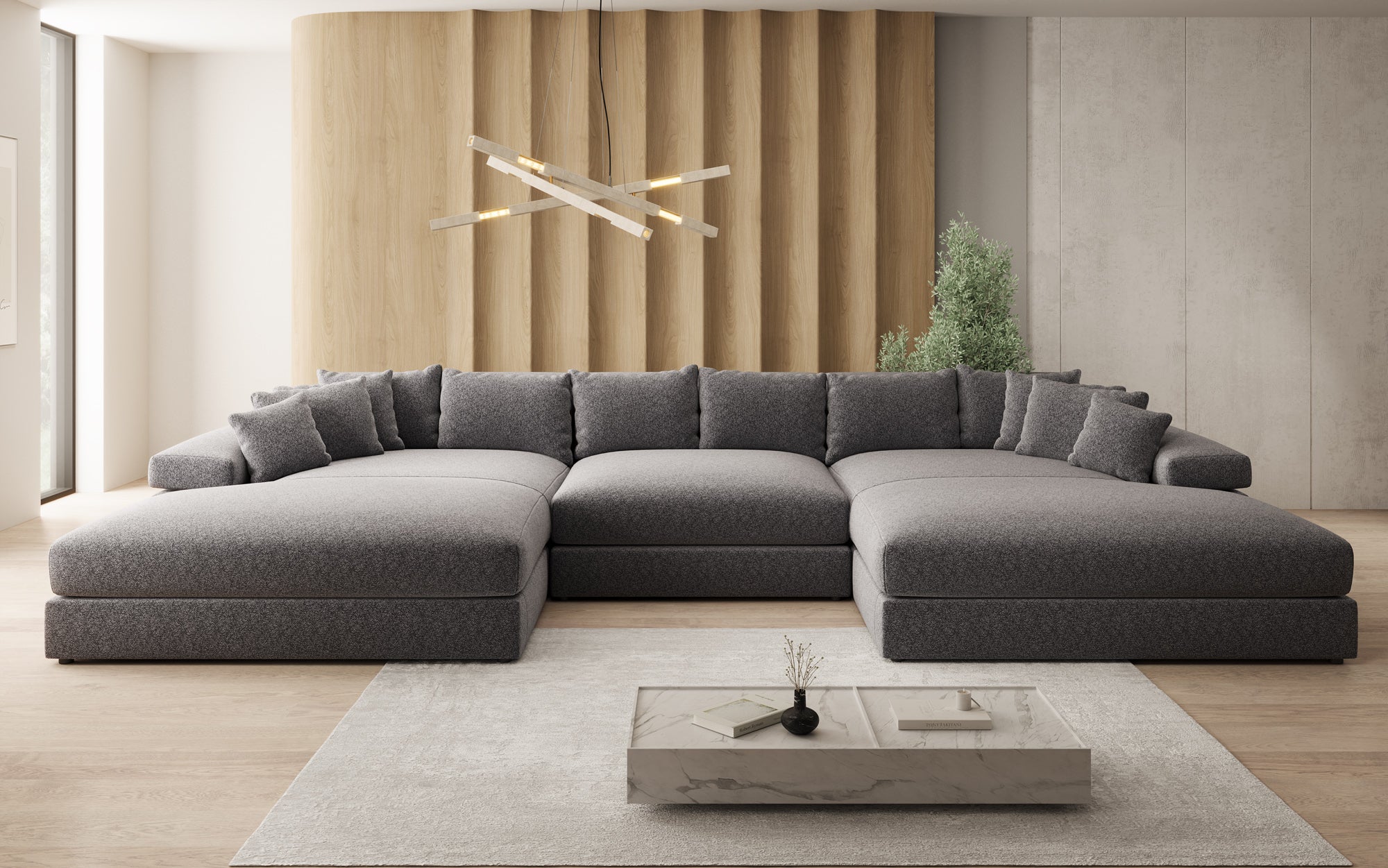 Designer Sofa Bernardo U with Wide Ottoman in Textured Fabric