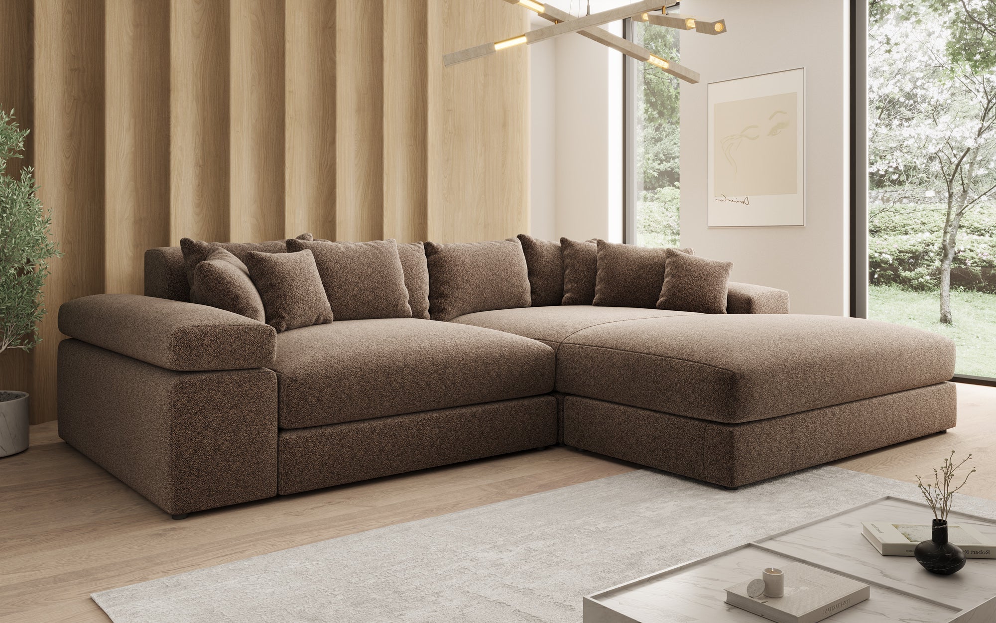Designer Sofa Bernardo mit breiter Ottomane in Strukturstoff
