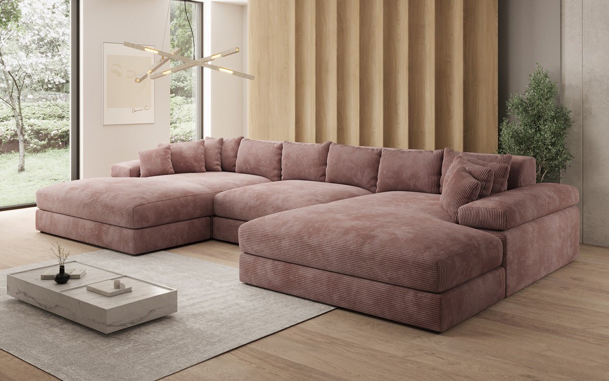 Designer Sofa Bernardo U with wide ottoman in Corduroy