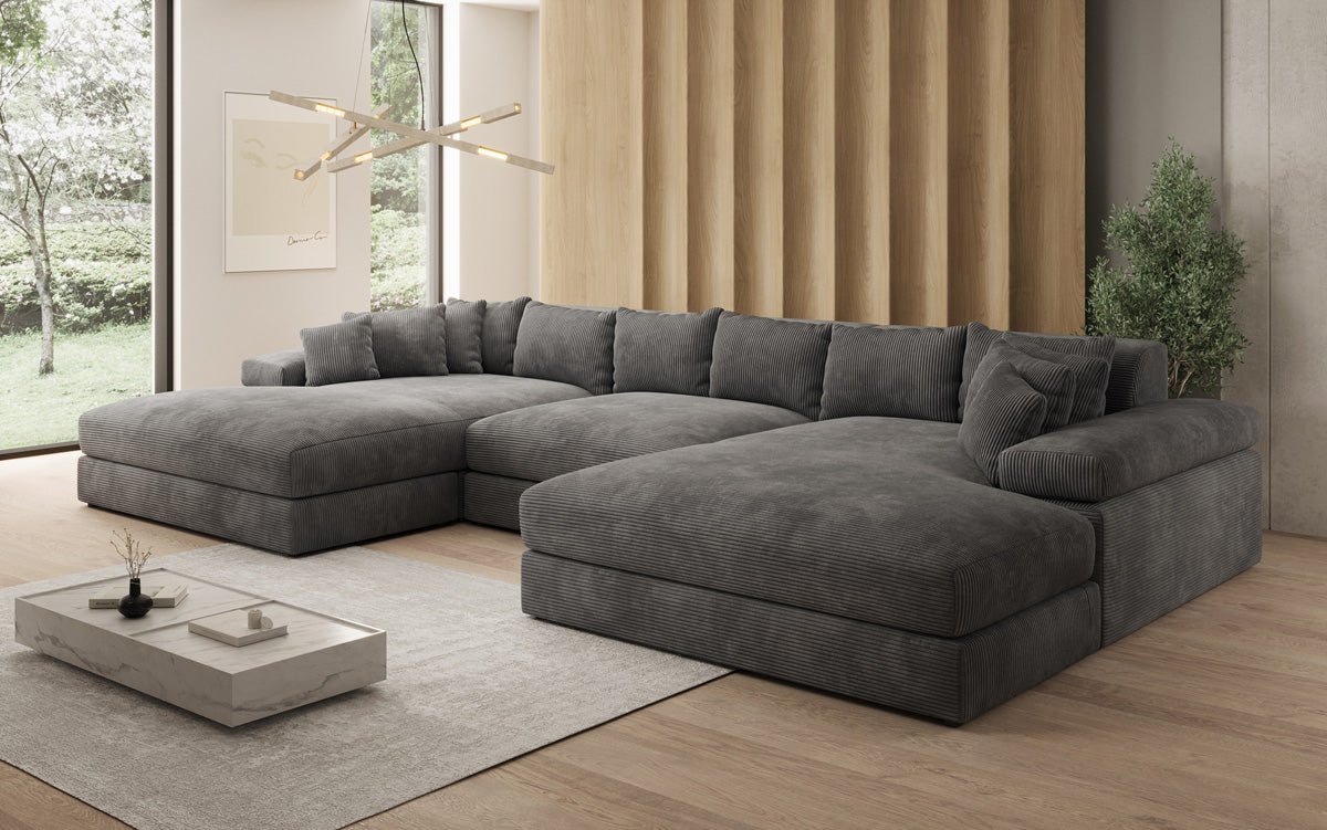 Designer Sofa Bernardo U with wide ottoman in Corduroy