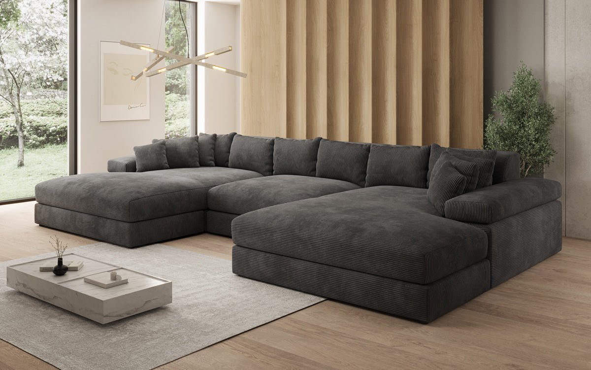 Designer Sofa Bernardo U with wide ottoman in Corduroy