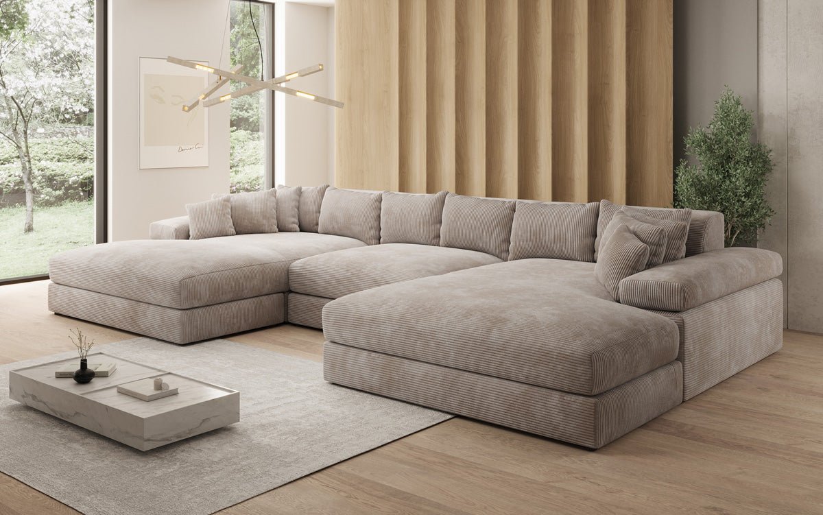 Designer Sofa Bernardo U with wide ottoman in Corduroy