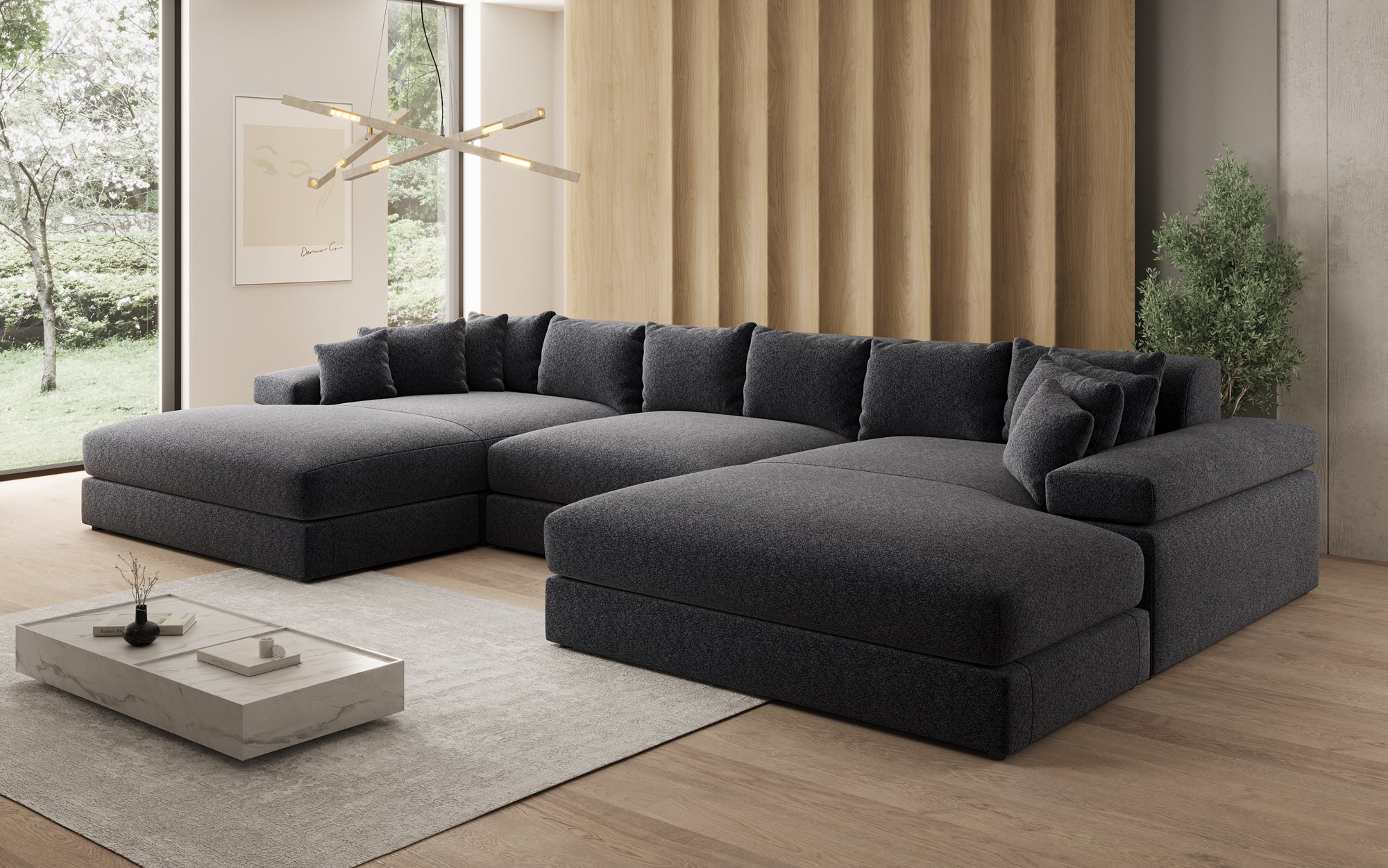 Designer Sofa Bernardo U with Wide Ottoman in Textured Fabric