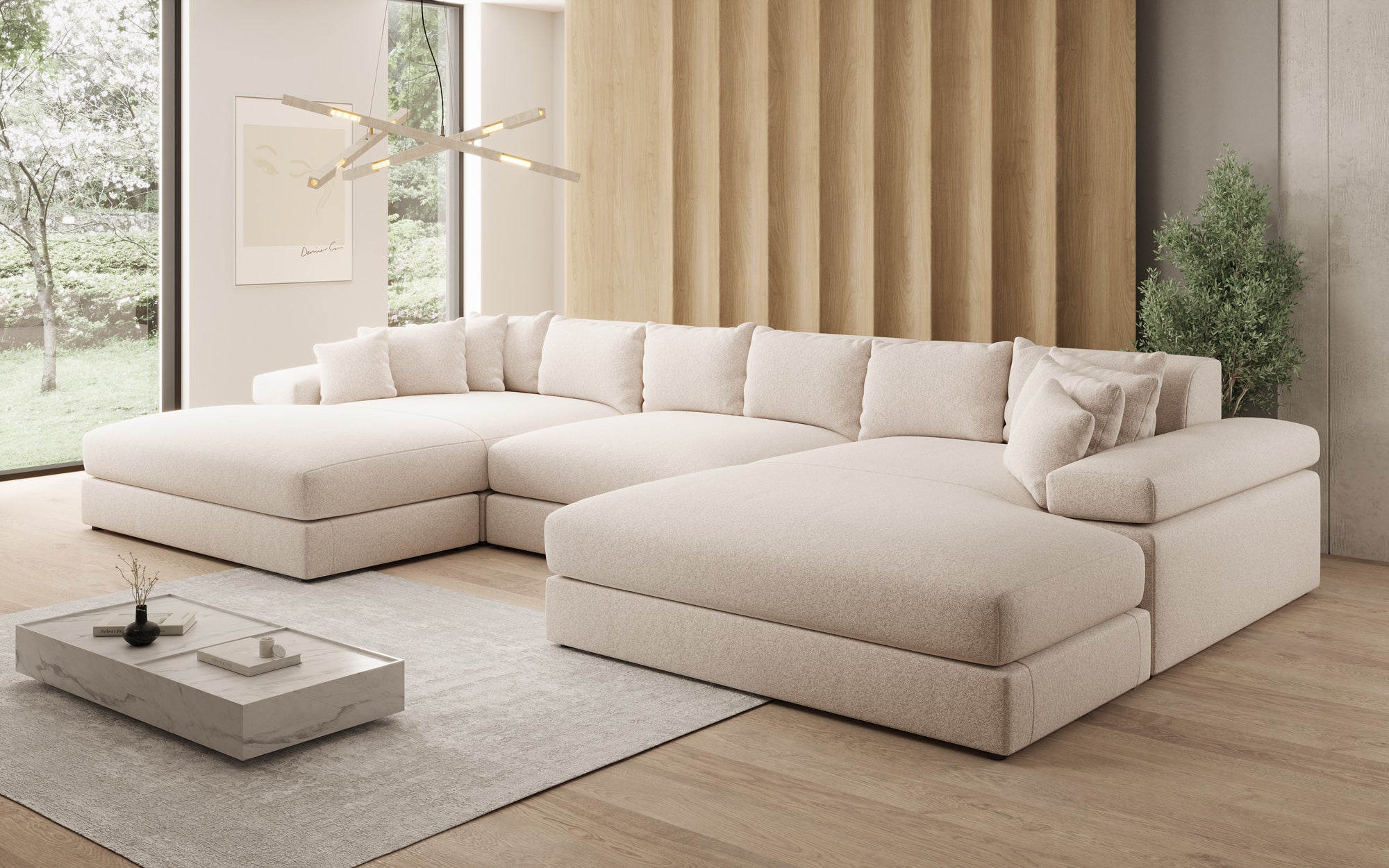 Designer Sofa Bernardo U with Wide Ottoman in Textured Fabric
