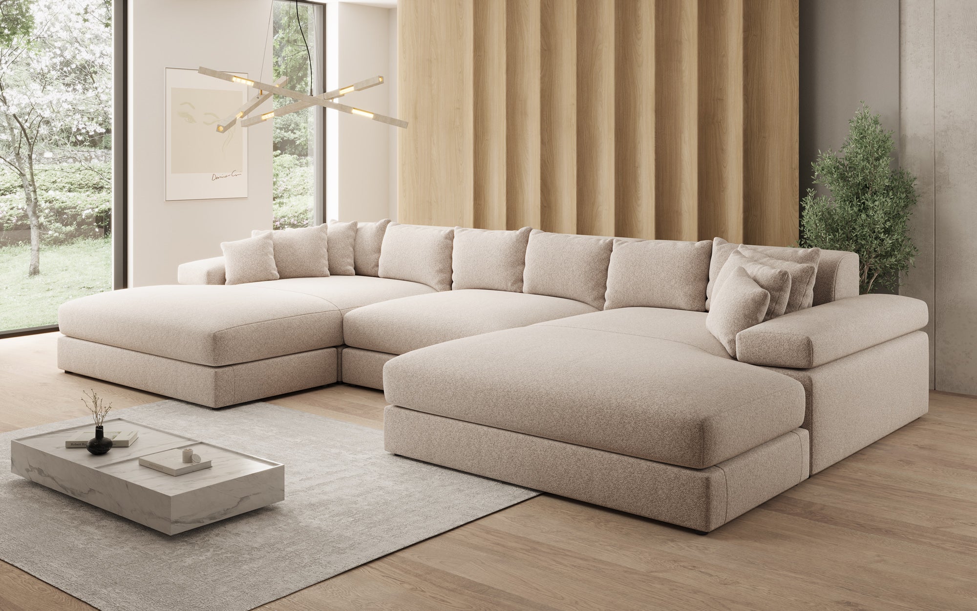 Designer Sofa Bernardo U with Wide Ottoman in Textured Fabric