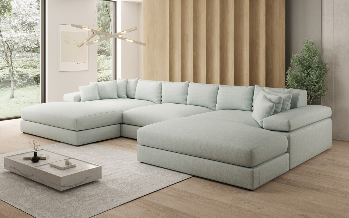 Designer sofa Bernardo U with wide ottoman in linen look