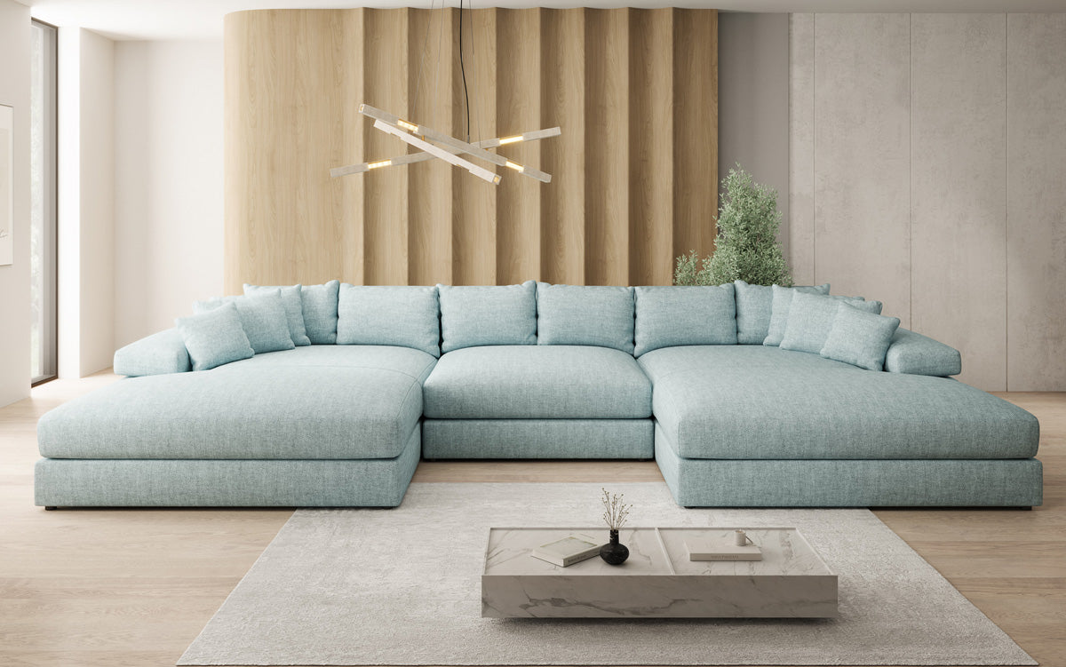 Designer sofa Bernardo U with wide ottoman in linen look