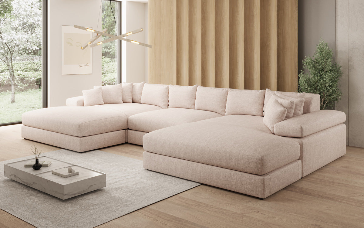 Designer sofa Bernardo U with wide ottoman in linen look