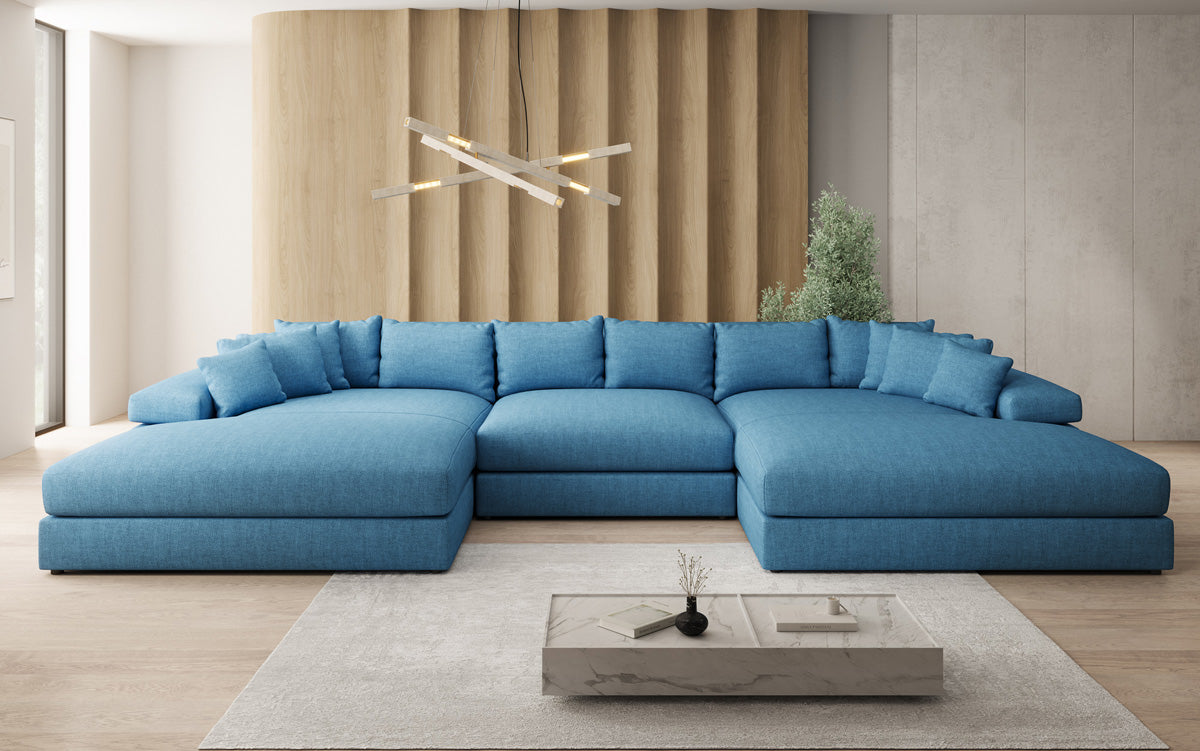 Designer sofa Bernardo U with wide ottoman in linen look