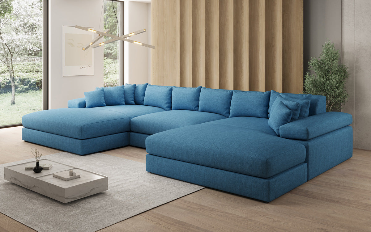 Designer sofa Bernardo U with wide ottoman in linen look
