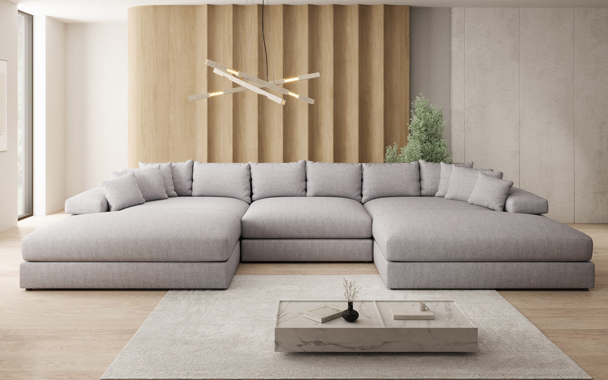 Designer sofa Bernardo U with wide ottoman in linen look