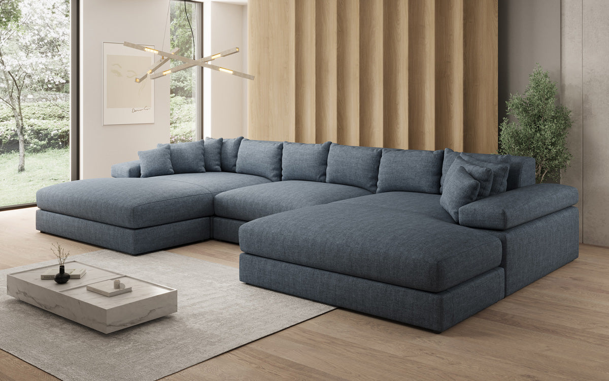 Designer sofa Bernardo U with wide ottoman in linen look