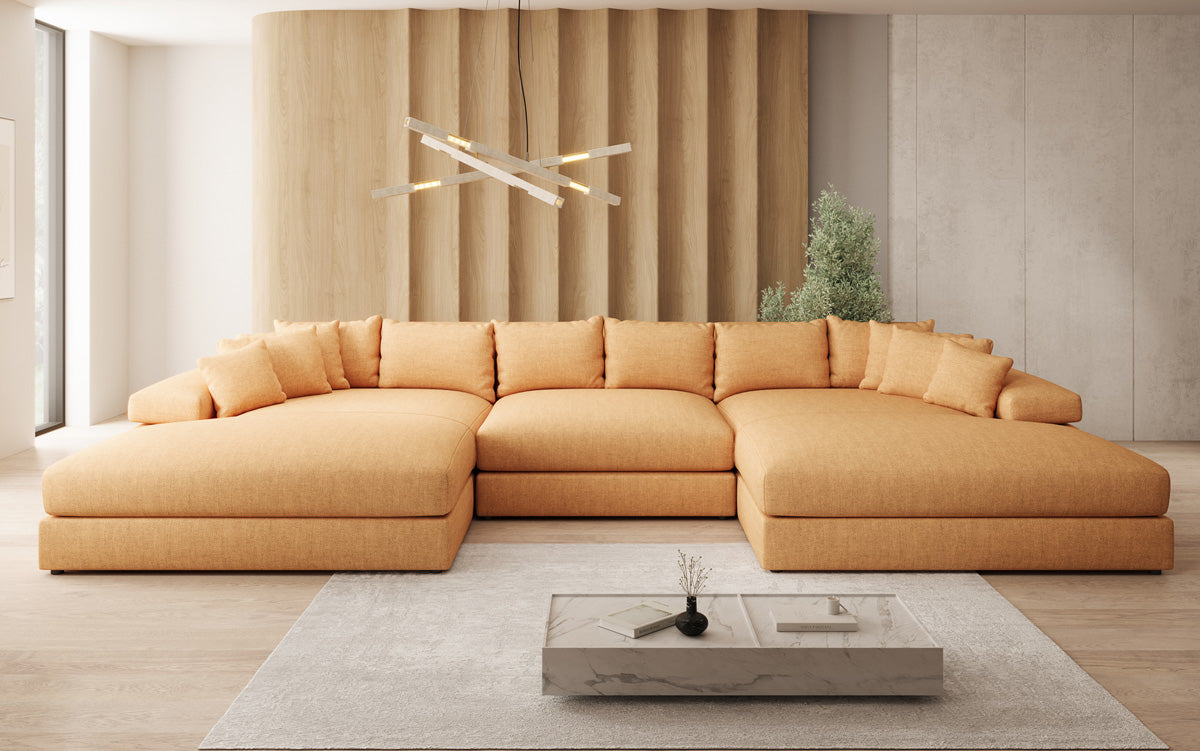 Designer sofa Bernardo U with wide ottoman in linen look